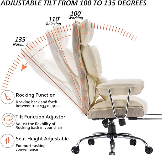 Desk Office Chair 400LBS, Big and Tall Office Chair, PU Leather Computer Chair, Executive Office Chair with Leg Rest and Lumbar Support, Beige Office Chair - LeafyLoom