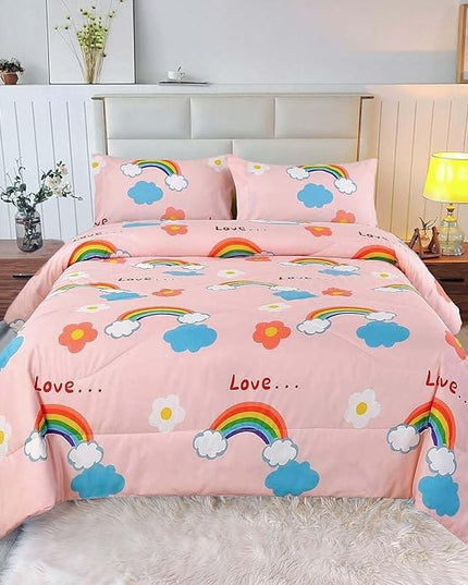 3PCS Rainbow Comforter Set Full, Cute Pink Full Size Flower Cloud and Rainbow Comforter Aesthetics, Super Soft and Comfort Microfiber, Kawaii Girls’ Bedroom Decor for Kids, Teens, Children, Women - LeafyLoom