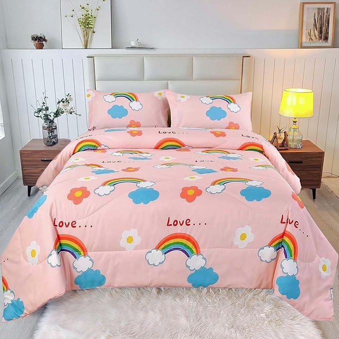 3PCS Rainbow Comforter Set Full, Cute Pink Full Size Flower Cloud and Rainbow Comforter Aesthetics, Super Soft and Comfort Microfiber, Kawaii Girls’ Bedroom Decor for Kids, Teens, Children, Women - LeafyLoom