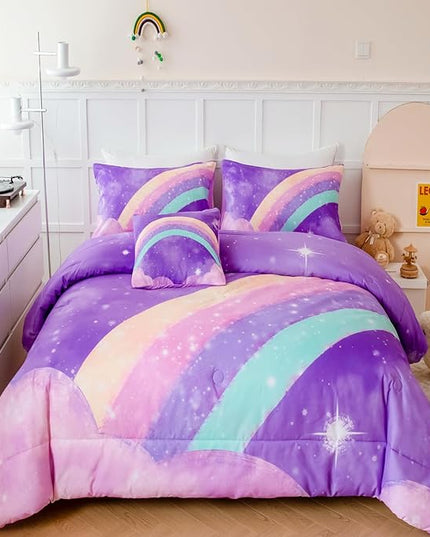 Purple Rainbow Girls Full Size Comforter Set, 6 Pieces Gradient Glitter Kids Bedding Sets, Galaxy Kids Bedroom Decor Bed in A Bag with Sheets for Girls Teens - LeafyLoom