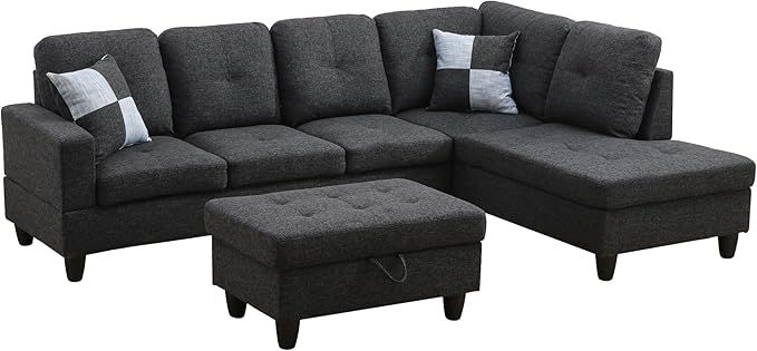 ROOMTEC Modern L Shaped Sectional Sofa Set with Storage Ottoman, Right Facing Chaise Longue, Reversible Backrest w/ 2 Cup Holders, Linen Tufted Cushions, for Living Room, Black Grey - LeafyLoom