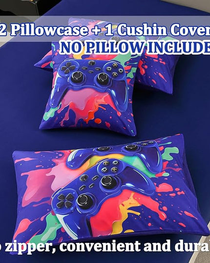 Full Size Gamer Comforter Set for Boys, Game Controller 6 Pcs Bed in a Bag Full Gaming Bediing Set for Boys Kids - LeafyLoom