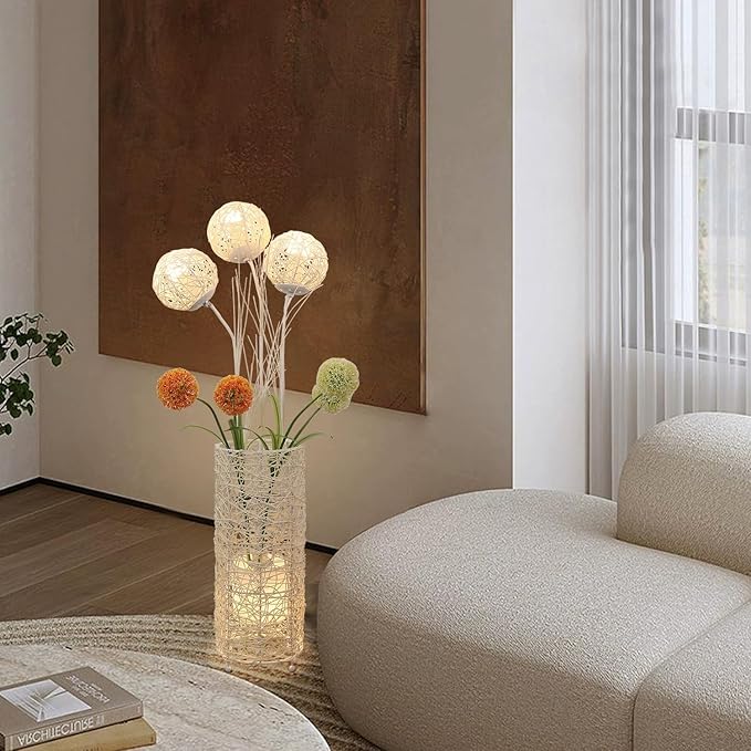 Modern Pastoral LED Floor Lamp: Decorative Hand-Woven Rattan Flower Night Light - Creative Standing Smart Lamp for Reading Living Room Bedroom Tea Room Club - LeafyLoom