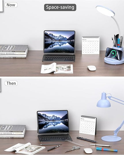 comzler LED Desk Lamp with Wireless Charger Pen Phone Holder, Blue Desk Lamp for Home Office, Dimmable Desk Light 3 Color Modes, College Dorm Study Lamp for College Dorm, CRI 90 800 Lumen - LeafyLoom