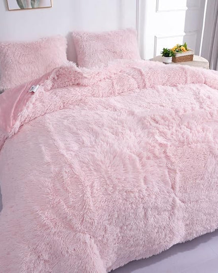Faux Fur Kids Girls Light Pink Comforter Sets Queen - 3PC Bed Set Warm Comfortable Soft Plush Flannel Velvet Fluffy Fuzzy Bedding（Comforter x 1 Pillowcases x 2） - LeafyLoom