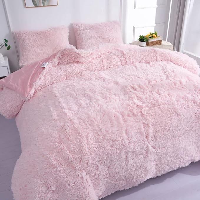 Faux Fur Kids Girls Light Pink Comforter Sets Twin/Full - 3PC Bed Set Warm Comfortable Soft Plush Flannel Velvet Fluffy Fuzzy Bedding（Comforter x 1 Pillowcases x 2） - LeafyLoom