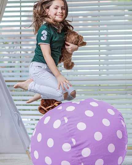 Wekapo Stuffed Animal Storage Bean Bag Chair Cover for Kids | Stuffable Zipper Beanbag for Organizing Children Plush Toys Large Premium Cotton Canvas (Purple Dot, X-Large) - LeafyLoom