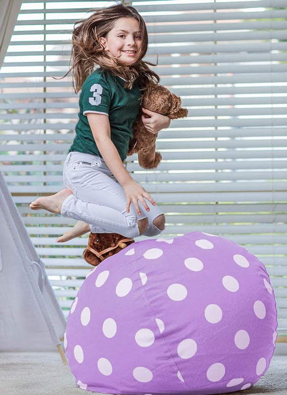 Wekapo Stuffed Animal Storage Bean Bag Chair Cover for Kids | Stuffable Zipper Beanbag for Organizing Children Plush Toys Large Premium Cotton Canvas (Purple Dot, X-Large) - LeafyLoom