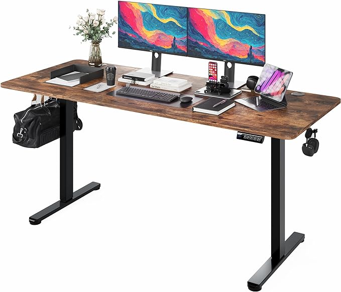 Monomi Electric Standing Desk, 63 x 28 inches Height Adjustable Desk, Ergonomic Home Office Sit Stand Up Desk with Memory Preset Controller (Rustic Brown Top/Black Frame) - LeafyLoom