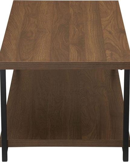 Household Essentials Jamestown Rectangular Coffee Table with Storage Shelf Mid Century Walnut Wood Grain and Black Metal - LeafyLoom