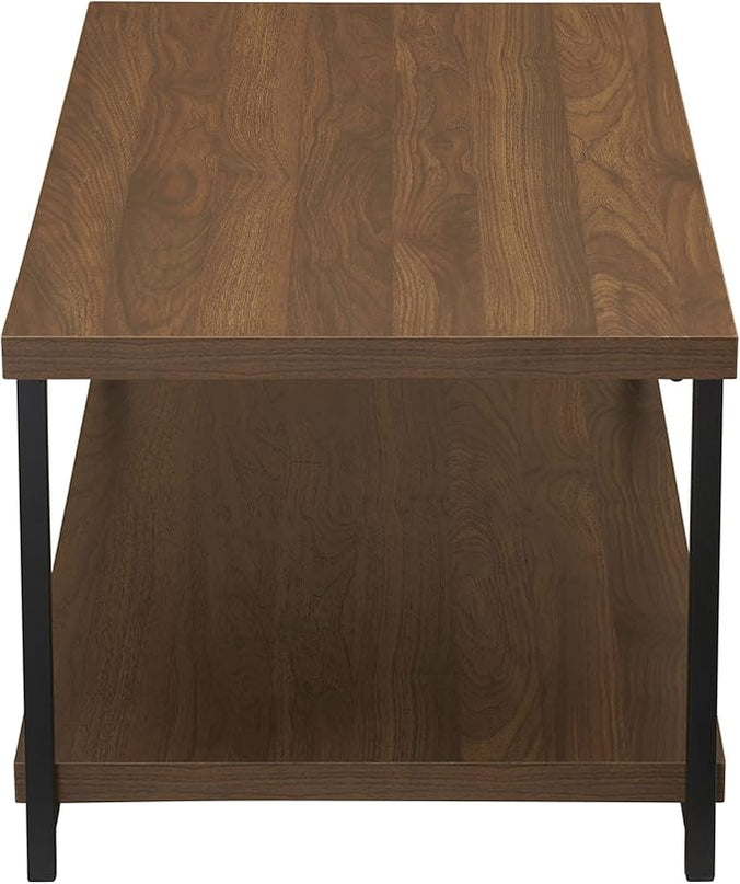Household Essentials Jamestown Rectangular Coffee Table with Storage Shelf Mid Century Walnut Wood Grain and Black Metal - LeafyLoom