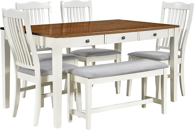 Mid-Century 6-Piece Wood Dining Table Set with Storage Drawer, Upholstered Chairs and Bench, Walnut Tabletop Kitchen Furniture for Living Room, Small Apartments, Butter Milk - LeafyLoom