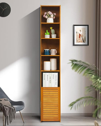 MoNiBloom Tall 7 Tier Bookcase with Door, Bamboo Freestanding Display Storage Cabinet Shelves Collection Decor Furniture for Home Living Room Bedroom, Brown - LeafyLoom
