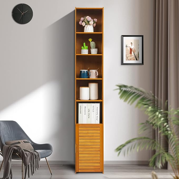 MoNiBloom Tall 7 Tier Bookcase with Door, Bamboo Freestanding Display Storage Cabinet Shelves Collection Decor Furniture for Home Living Room Bedroom, Brown - LeafyLoom