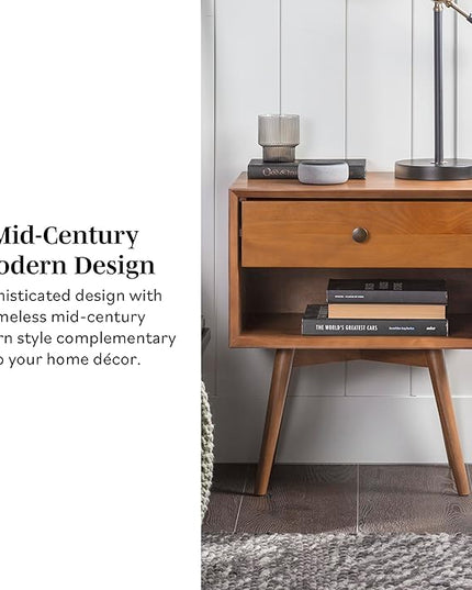 Walker Edison Mid Century Modern Wood Nightstand Side Table Bedroom Storage Drawer and Shelf Bedside End Table, 1 Drawer, Caramel - LeafyLoom