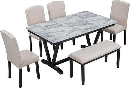 Merax Modern Style 6-Person Dining Table Set with 4 Chairs & a Bench, Marbled Veneers Tabletop and V-Shaped Legs, White(6pcs) - LeafyLoom