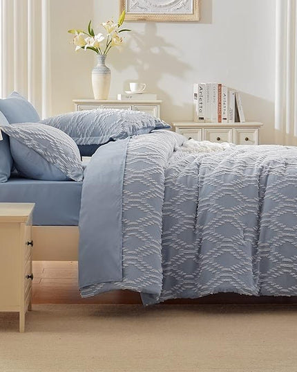 EMME Queen Comforter Set - 7 Pcs Blue Boho Bedding Sets, Full Size Tufted Comforter with Sheets, Shabby Chic Embroidery Queen Bed Set Fluffy Bed Bag for All Season(90"X90") - LeafyLoom