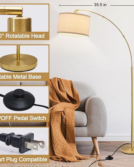 Arc Floor Lamps for Living Room, Gold Modern Floor Lamp, Tall Pole Lamp with Foot Switch, Adjustable Hanging Drum Shade, Over Couch Arched Reading Light for Bedroom, Office, LED Bulb Not Include - LeafyLoom