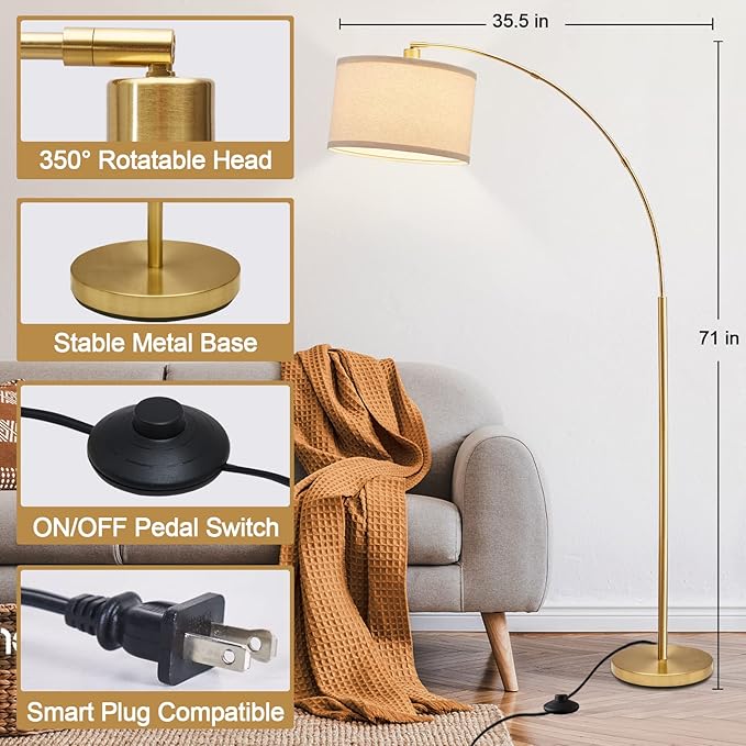 Arc Floor Lamps for Living Room, Gold Modern Floor Lamp, Tall Pole Lamp with Foot Switch, Adjustable Hanging Drum Shade, Over Couch Arched Reading Light for Bedroom, Office, LED Bulb Not Include - LeafyLoom