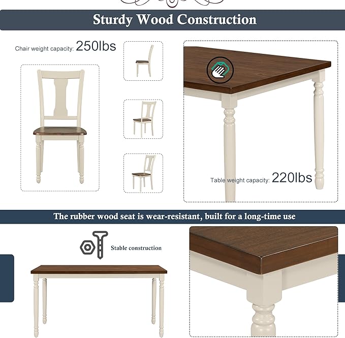 6-Piece Classic Rectangle Wooden Dining Table Set with 4 Chairs and Bench for Kitchen, Brown + Cottage White, 60" L x 35.8" W x 30" H - LeafyLoom