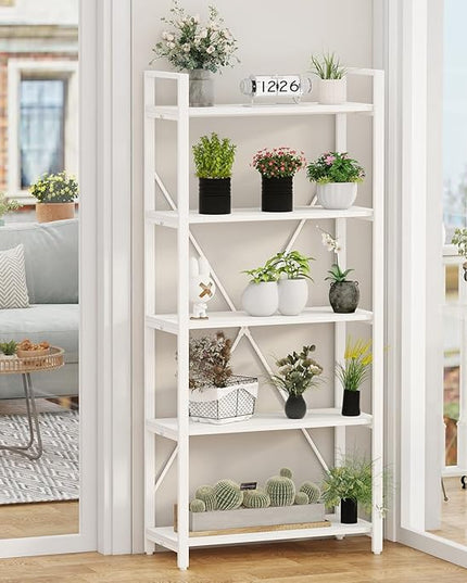 FATORRI 5 Tier Bookshelf, Metal and Wood Bookcase, Etagere Book Shelf for Display, Modern Shelving Unit Tall Book case for Home Office, Living Room, Bedroom (White Oak) - LeafyLoom