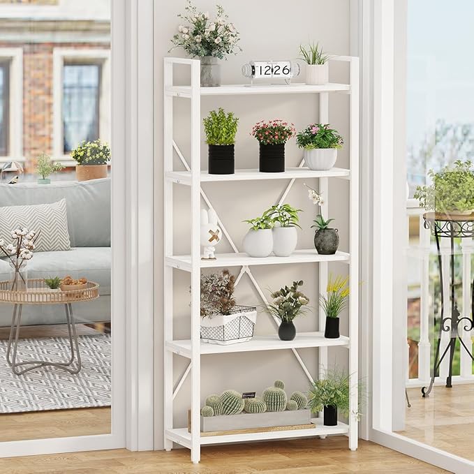 FATORRI 5 Tier Bookshelf, Metal and Wood Bookcase, Etagere Book Shelf for Display, Modern Shelving Unit Tall Book case for Home Office, Living Room, Bedroom (White Oak) - LeafyLoom