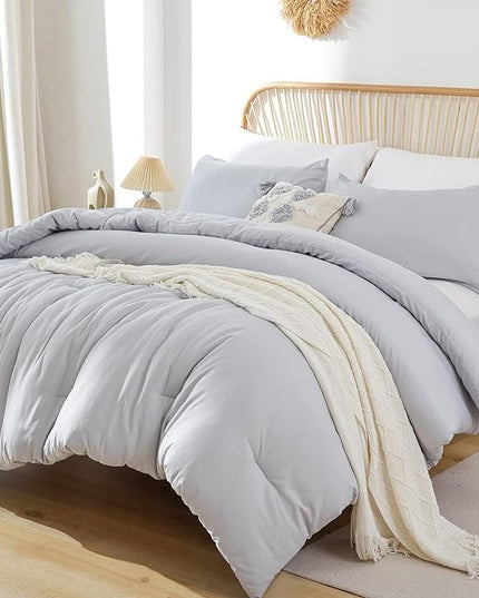 ROSGONIA Gray Comforter Set Queen, 3pcs(1 Boho Light Grey Comforter & 2 Pillowcases) All Season Soft Bedding Lightweight Bedspread Blanket Quilt - LeafyLoom