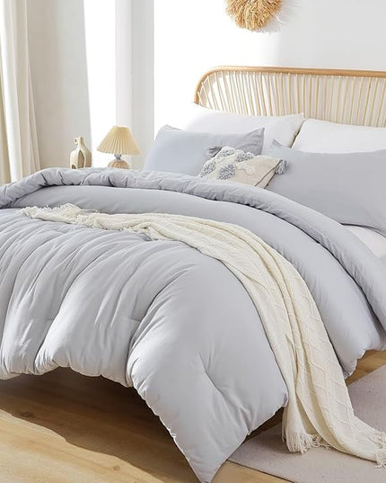 ROSGONIA Oversized King Comforter Light Gray, 3pcs (1 Grey Comforter & 2 Pillowcases), Soft Lightweight Oversized King Size Comforter Sets Bedding - LeafyLoom