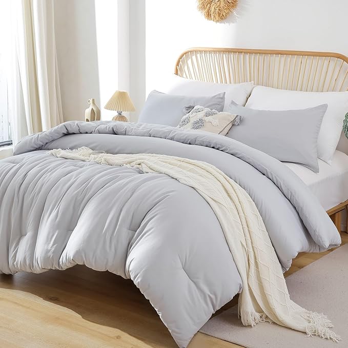 ROSGONIA Oversized King Comforter Light Gray, 3pcs (1 Grey Comforter & 2 Pillowcases), Soft Lightweight Oversized King Size Comforter Sets Bedding - LeafyLoom