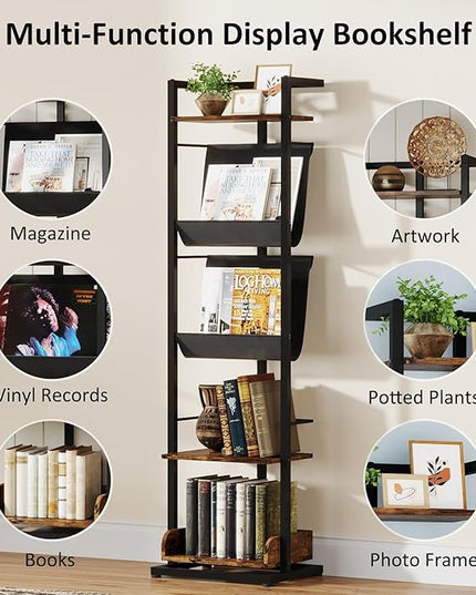Bookshelf 5-Tier Book shelf: Tall Narrow Bookshelf Bookcase, Industrial Modern Sturdy Display Bookshelves for Small Spaces, Rustic Brown - LeafyLoom