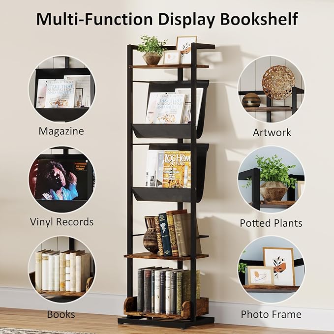 Bookshelf 5-Tier Book shelf: Tall Narrow Bookshelf Bookcase, Industrial Modern Sturdy Display Bookshelves for Small Spaces, Rustic Brown - LeafyLoom