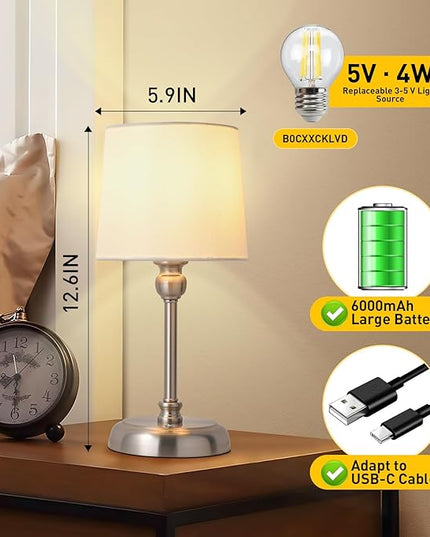 Cordless LED Table Lamp, 6000mAh Rechargeable Bedside Night Lamp for Bedroom, Portable Touch Stepless Dimmable Battery Operated Lamp, Ambient Light for Patio Restaurant(Brushed Nickel S) - LeafyLoom