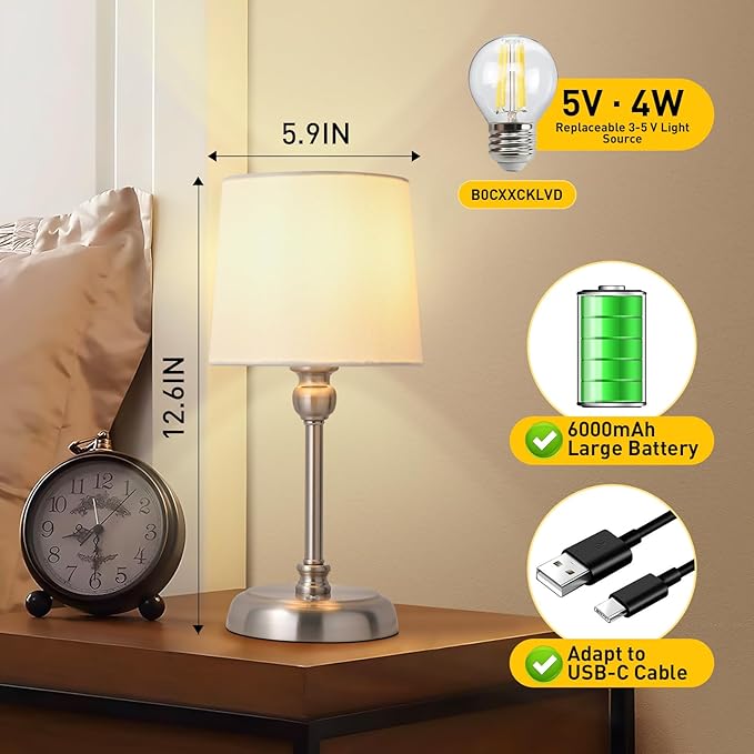 Cordless LED Table Lamp, 6000mAh Rechargeable Bedside Night Lamp for Bedroom, Portable Touch Stepless Dimmable Battery Operated Lamp, Ambient Light for Patio Restaurant(Brushed Nickel S) - LeafyLoom