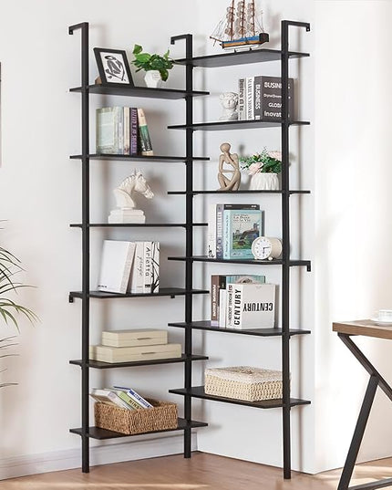 HOMISSUE Corner Bookshelf, 12-Tier L Shaped Bookshelf, Double Wide Corner Wall Mount Bookcase with Metal Frame and Wood, Modern Industrial Corner Shelf for Living Room, Kitchen, Home Office Black - LeafyLoom