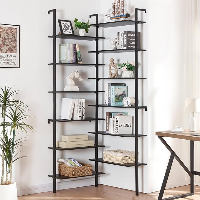 HOMISSUE Corner Bookshelf, 12-Tier L Shaped Bookshelf, Double Wide Corner Wall Mount Bookcase with Metal Frame and Wood, Modern Industrial Corner Shelf for Living Room, Kitchen, Home Office Black - LeafyLoom