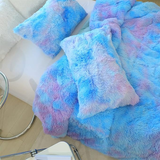 Faux Fur Kids Girls Blue Rainbow Comforter Sets Twin/Full - 3PC Bed Set Warm Comfortable Soft Plush Flannel Velvet Fluffy Fuzzy Bedding（Comforter x 1 Pillowcases x 2） - LeafyLoom
