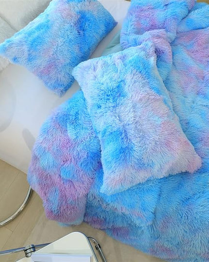 Faux Fur Kids Girls Blue Rainbow Comforter Sets King - 3PC Bed Set Warm Comfortable Soft Plush Flannel Velvet Fluffy Fuzzy Bedding（Comforter x 1 Pillowcases x 2） - LeafyLoom