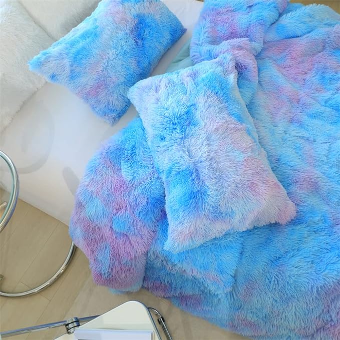 Faux Fur Kids Girls Blue Rainbow Comforter Sets King - 3PC Bed Set Warm Comfortable Soft Plush Flannel Velvet Fluffy Fuzzy Bedding（Comforter x 1 Pillowcases x 2） - LeafyLoom