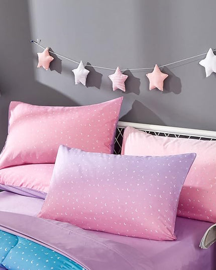 Pink Glitter Comforter Set for Teen Girls Women,Twin Size 4 Piece Bed in A Bag,Metallic Star Moon Printed Rainbow Comforter and Sheets,Ultra Soft Microfiber All Season Bedding Set(Twin,Green) - LeafyLoom