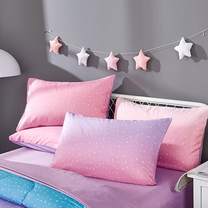 Pink Glitter Comforter Set for Teen Girls Women,Twin Size 4 Piece Bed in A Bag,Metallic Star Moon Printed Rainbow Comforter and Sheets,Ultra Soft Microfiber All Season Bedding Set(Twin,Green) - LeafyLoom