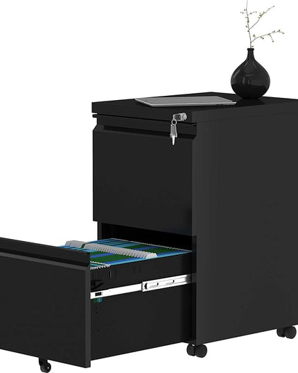 YITAHOME 2-Drawer Vertical File Cabinet with Lock, 20” Deep Mobile Metal Filing Cabinet for Legal/Letter Size, 20” Height Pre-Built Office Storage File Cabinet Except Wheels Under Desk - Black - LeafyLoom