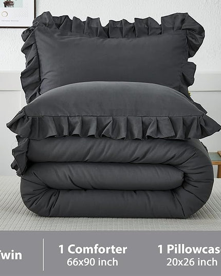 Andency Dark Gray Twin Size Comforter, 2 Pieces Kids All Season Ruffle Bed Comforter Set, Boho Lightweight Solid Farmhouse Shabby Chic Bedding Comforters & Sets (66x90Inch Comforter) - LeafyLoom
