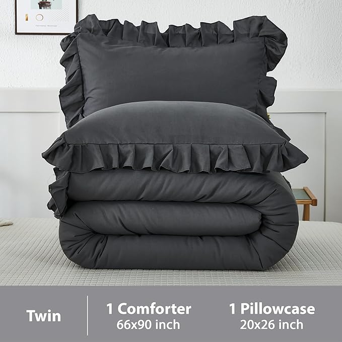 Andency Dark Gray Twin Size Comforter, 2 Pieces Kids All Season Ruffle Bed Comforter Set, Boho Lightweight Solid Farmhouse Shabby Chic Bedding Comforters & Sets (66x90Inch Comforter) - LeafyLoom