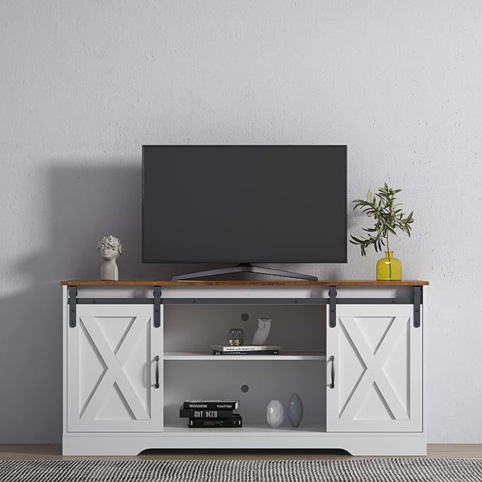 NicBex TV Stand for 65 Inch TV Farmhouse TV Media Console Table with Adjustable Shelves,Entertainment Center with Storage for Living Room,Bedroom,59 Inch,Distressed White&Rustic - LeafyLoom