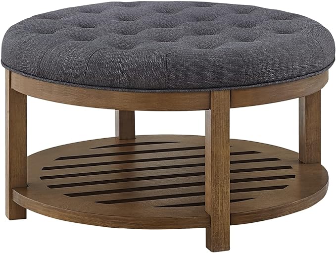 24KF Large Round Upholstered Tufted Linen Ottoman Coffee Table, Large Footrest Ottoman with Wood Shelf Storage-Charcoal - LeafyLoom