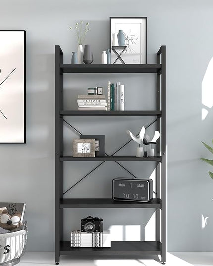 Panana 5 Tier Industrial Rustic Wooden Bookshelves, Vintage Open Wood and Metal Farmhouse Bookshelf Heavy Duty Storage Shelving Unit Rack (Black) - LeafyLoom