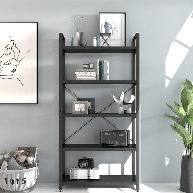 Panana 5 Tier Industrial Rustic Wooden Bookshelves, Vintage Open Wood and Metal Farmhouse Bookshelf Heavy Duty Storage Shelving Unit Rack (Black) - LeafyLoom
