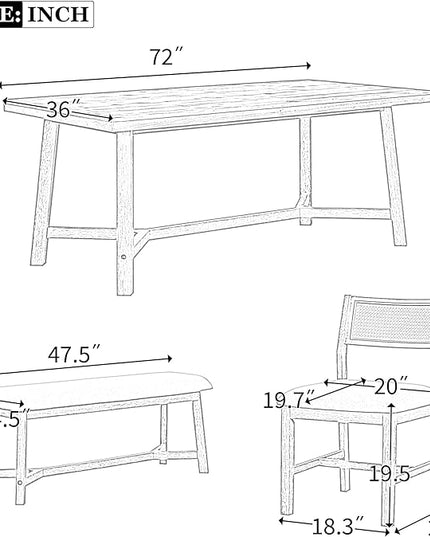 Merax 6-piece Retro Farmhouse Style Dining Set for 6 Rectangular Wood Kitchen Table with 4 Rattan Backrest Upholstered Chairs & Bench for Living Room, Home, Gray - LeafyLoom