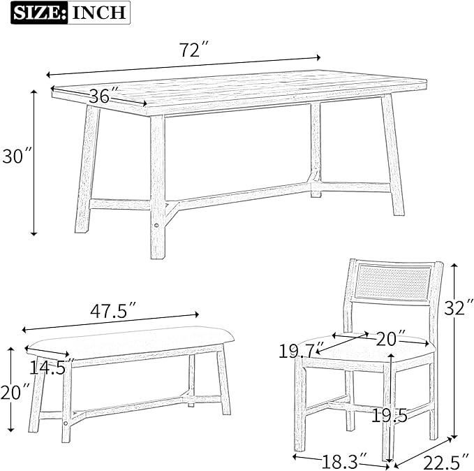 Merax 6-piece Retro Farmhouse Style Dining Set for 6 Rectangular Wood Kitchen Table with 4 Rattan Backrest Upholstered Chairs & Bench for Living Room, Home, Gray - LeafyLoom
