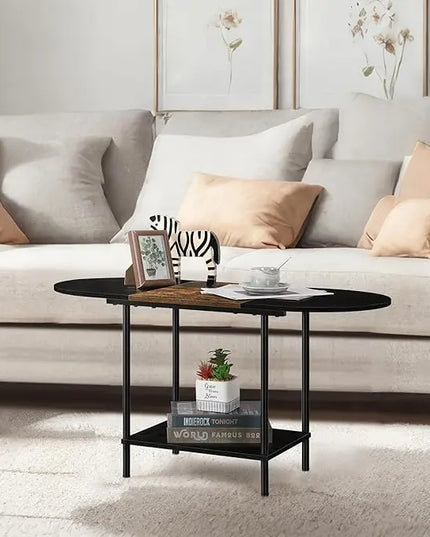 ETELI Small Black Coffee Tables Oval Center Table with Storage and Open Shelving Round Coffee Tea Tables for Living Room, Small Space, Home Office, Brown & Black - LeafyLoom